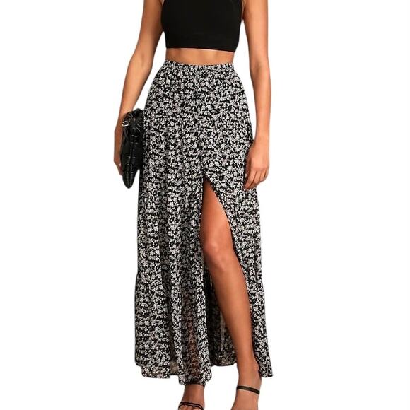 Lulus Subtle Sweetness Black Floral Print Tiered Maxi Skirt - XS - Picture 1 of 5